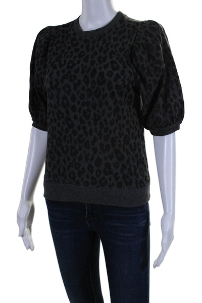 Goldie Womens Puffed Sleeve Animal Print Crew Neck Top Black Size XS