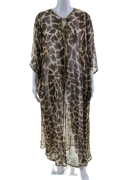 Dundas Womens Brown Metallic Print Tie Front 3/4 Sleeve Swim Cover Up Size OS