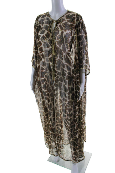 Dundas Womens Brown Metallic Print Tie Front 3/4 Sleeve Swim Cover Up Size OS