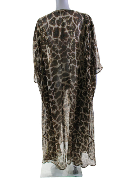 Dundas Womens Brown Metallic Print Tie Front 3/4 Sleeve Swim Cover Up Size OS