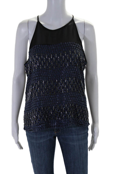 Parker Womens Sleeveless Crew Neck Sheer Embellished Top Black Blue Size Medium