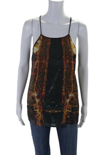 Clover Canyon Womens Spaghetti Strap Sequin Abstract Top Gray Orange Size Medium