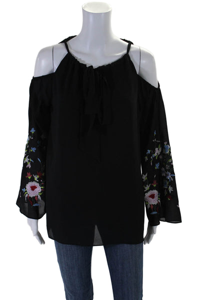 Single Womens Cold Shoulder Floral Embroidered Scoop Neck Top Black Size Medium