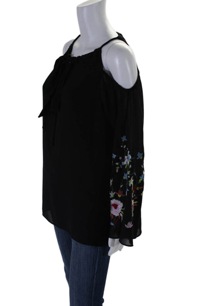 Single Womens Cold Shoulder Floral Embroidered Scoop Neck Top Black Size Medium