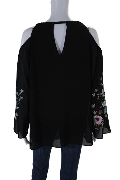 Single Womens Cold Shoulder Floral Embroidered Scoop Neck Top Black Size Medium