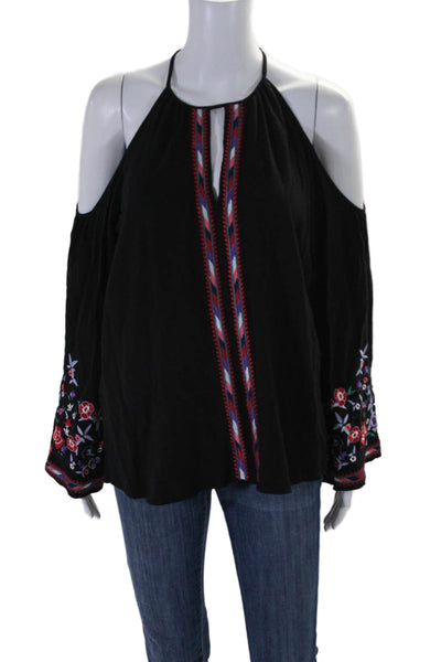 Parker Womens Long Sleeve Cold Shoulder Floral Embroidered Top Black Size Medium