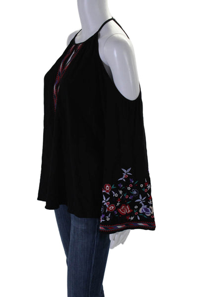 Parker Womens Long Sleeve Cold Shoulder Floral Embroidered Top Black Size Medium