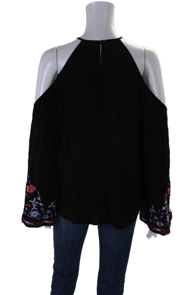 Parker Womens Long Sleeve Cold Shoulder Floral Embroidered Top Black Size Medium