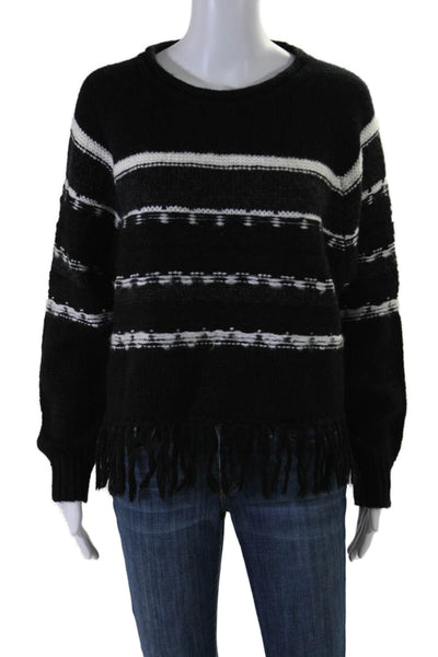 John + Jenn Womens Scoop Neck Open Knit Striped Fringe Sweater Black Size Medium