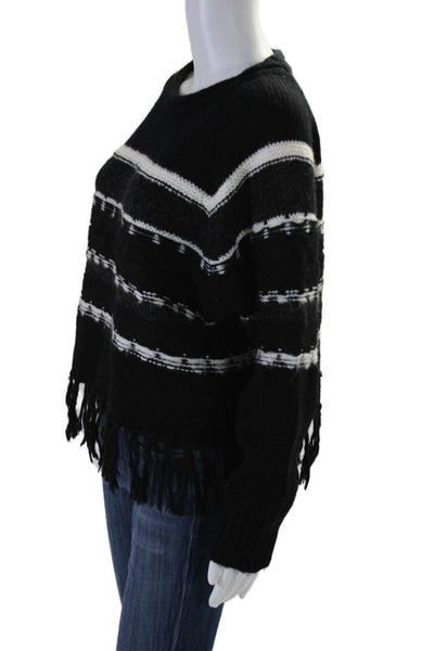 John + Jenn Womens Scoop Neck Open Knit Striped Fringe Sweater Black Size Medium