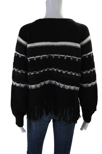 John + Jenn Womens Scoop Neck Open Knit Striped Fringe Sweater Black Size Medium