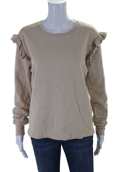 Leallo Womens Long Sleeve Ruffled Scoop Neck Sweatshirt Brown Cotton Size Medium