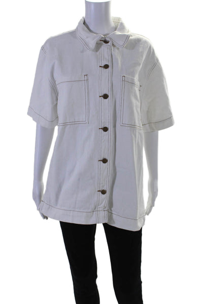 Dissh Womens Cotton Denim Collar Short Sleeve Button Up Blouse Top White Size 6