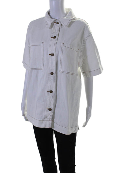 Dissh Womens Cotton Denim Collar Short Sleeve Button Up Blouse Top White Size 6