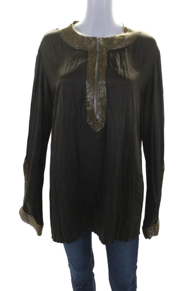 Roberto Cavalli Womens Silk Brown Beaded V-Neck Long Sleeve Tunic Top Size 48