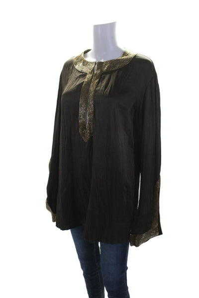 Roberto Cavalli Womens Silk Brown Beaded V-Neck Long Sleeve Tunic Top Size 48