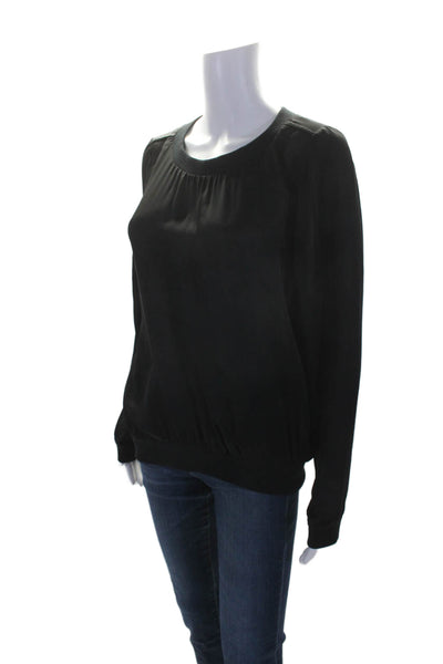 Kes Womens Silk Solid Black Crew Neck Long Sleeve Blouse Top Size M