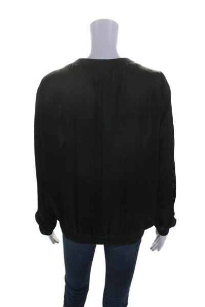 Kes Womens Silk Solid Black Crew Neck Long Sleeve Blouse Top Size M