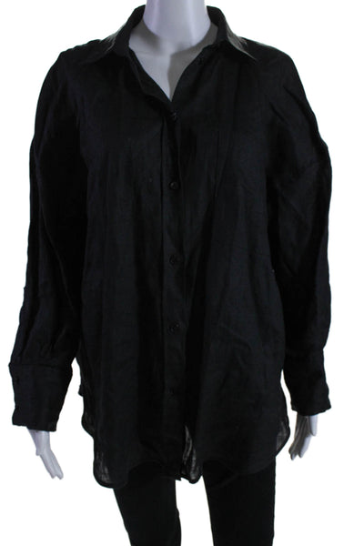 Zara Women's Collared Long Sleeves Button Down Linen Shirt Black Size S