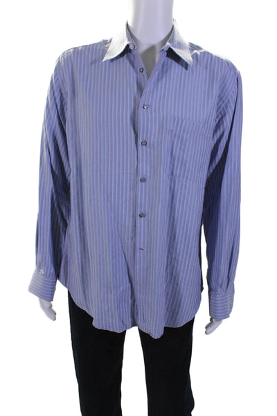 Armani Collezioni Mens Cotton Striped Long Sleeve Button Up Shirt Blue Size L