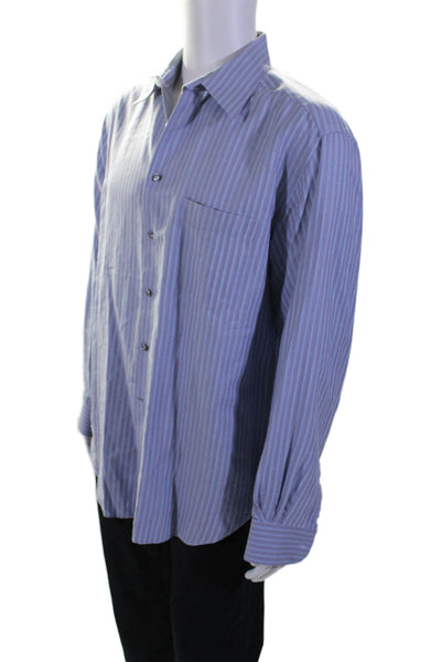 Armani Collezioni Mens Cotton Striped Long Sleeve Button Up Shirt Blue Size L