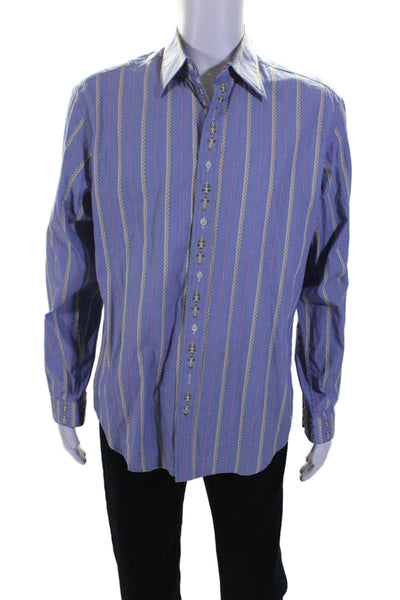 Robert Graham Mens Cotton Striped Collar Long Sleeve Button Up Shirt Blue Size L