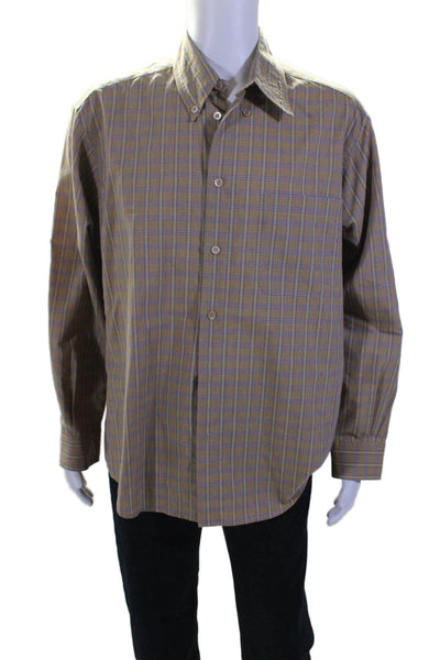 Ermenegildo Zegna Mens Cotton Blend Plaid Collared Button Up Shirt Beige Size L