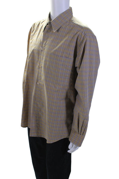 Ermenegildo Zegna Mens Cotton Blend Plaid Collared Button Up Shirt Beige Size L