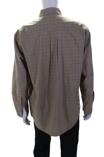 Ermenegildo Zegna Mens Cotton Blend Plaid Collared Button Up Shirt Beige Size L