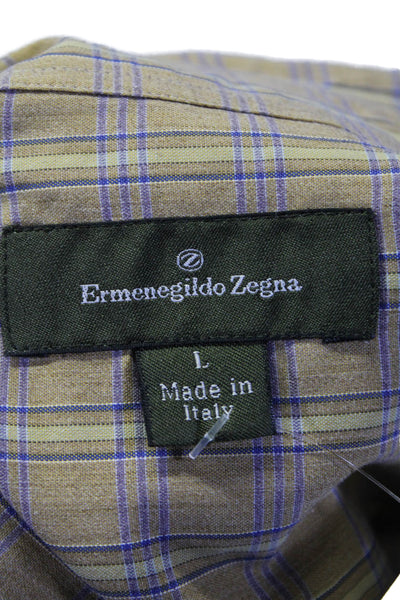 Ermenegildo Zegna Mens Cotton Blend Plaid Collared Button Up Shirt Beige Size L