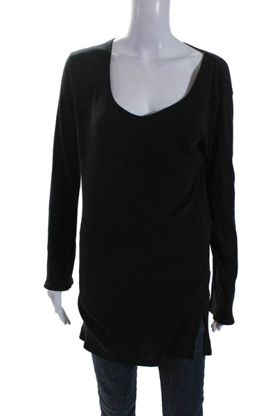 Skin Wones Ribbed Long Sleeves V Neck Pullover Shirt Black Cotton Size 2