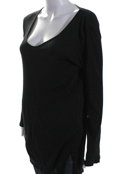 Skin Wones Ribbed Long Sleeves V Neck Pullover Shirt Black Cotton Size 2