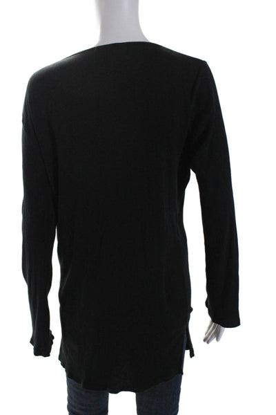 Skin Wones Ribbed Long Sleeves V Neck Pullover Shirt Black Cotton Size 2