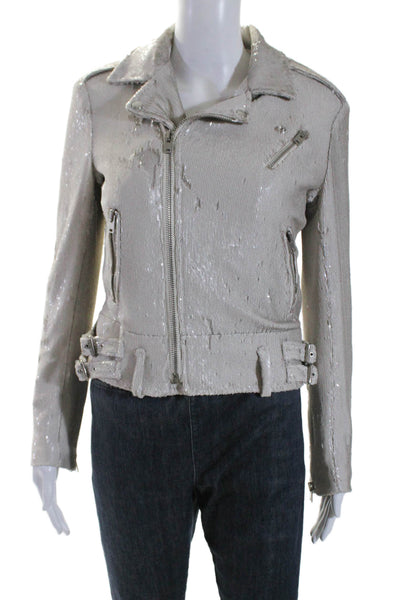 Iro Paris Womens Sequenced Collared Zip Textured Jacket Silver Size EUR 38