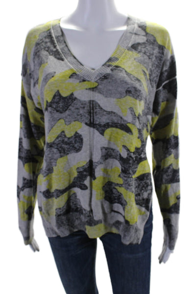 27 Miles Womens Long Sleeve V Neck Camouflage Print Knit Top Gray Size M