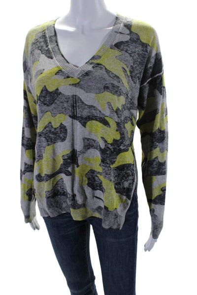 27 Miles Womens Long Sleeve V Neck Camouflage Print Knit Top Gray Size M