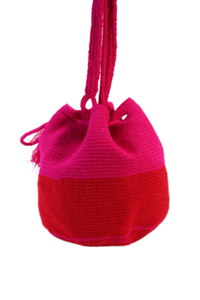 Guanabana Womens Single Strap Drawstring Striped Mini Bucket Handbag Pink Red