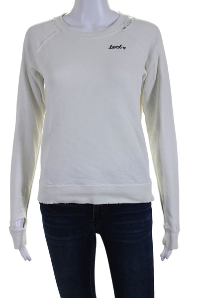 Amo Womens Long Sleeve Crew Neck Distressed Sweater White Size XS