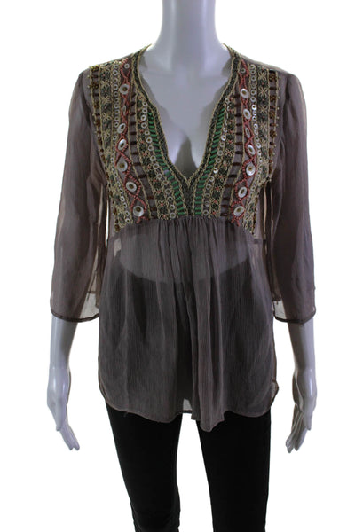 Gold Hawk Women's V-Neck Short Sleeves Beaded Sheer Blouse Tan Size S