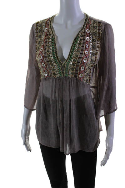 Gold Hawk Women's V-Neck Short Sleeves Beaded Sheer Blouse Tan Size S