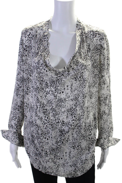 Haute Hippie Womens Long Sleeve Scoop Neck Leopard Print Silk Top White Black XS