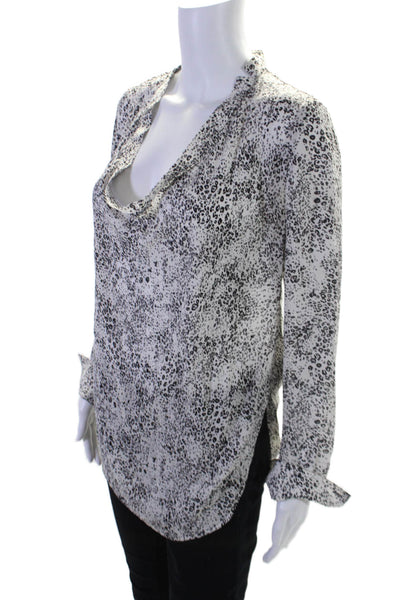 Haute Hippie Womens Long Sleeve Scoop Neck Leopard Print Silk Top White Black XS