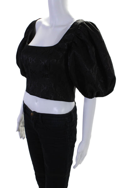 LPA Womens Back Zip Short Sleeve Snakeskin Printed Crop Top Black Size Large