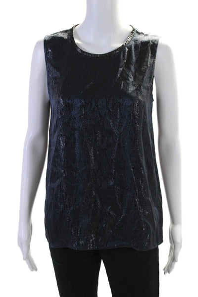 L Agence Womens Scoop Neck Metallic Snakeskin Printed Silk Top Navy Size 2