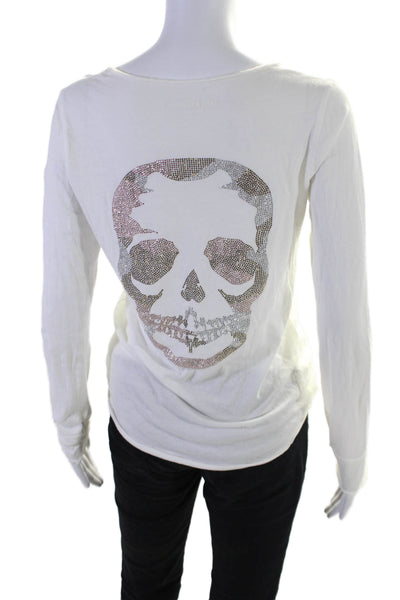 Zadig & Voltaire Womens Long Sleeve Skull Back V Neck Tee Shirt White Size Small