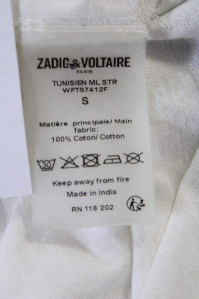 Zadig & Voltaire Womens Long Sleeve Skull Back V Neck Tee Shirt White Size Small