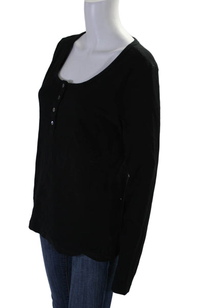 Alex Mill Womens Black Ribbed Knit Scoop Neck Henley Long Sleeve Top Size XL