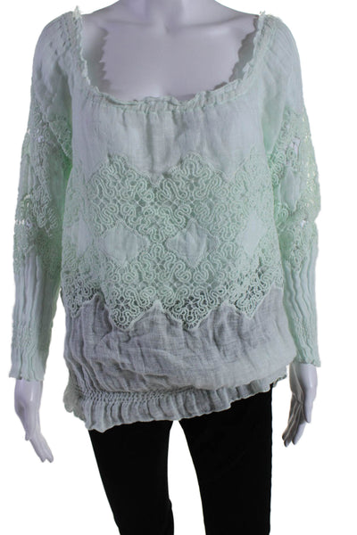 Temptation Women's Boat Neck Long Sleeves Lace Trim Cotton Blouse Green Size M