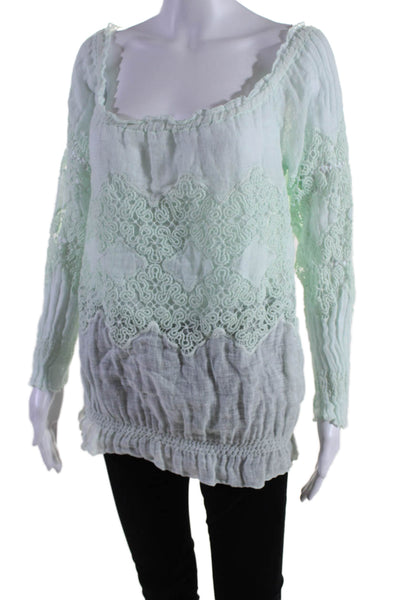 Temptation Women's Boat Neck Long Sleeves Lace Trim Cotton Blouse Green Size M