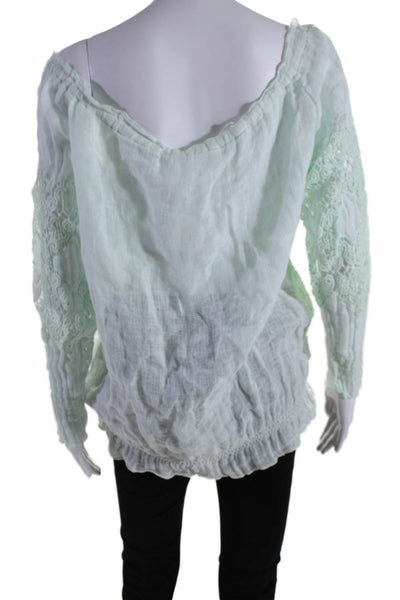 Temptation Women's Boat Neck Long Sleeves Lace Trim Cotton Blouse Green Size M